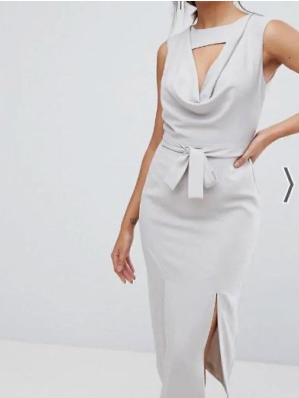 Lavish Alice Size 8 Grey Cowl Neck Midi Dress Quiet Luxury Belted Sheath